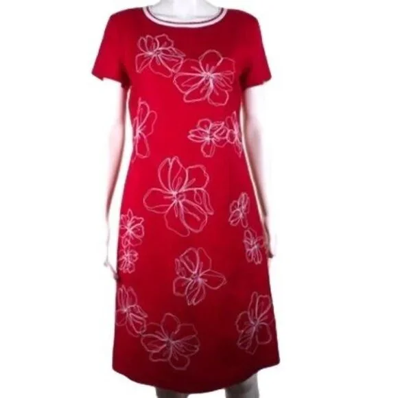 Talbots Dress Womens Size 4 Linen Blend Asian Floral Short Sleeve Lined Red Whit - Picture 2 of 11